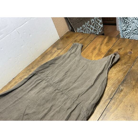 FLAX Women’s Size Large Brown Linen Cinch Waist Bib Dress Minimalist - Picture 9 of 9